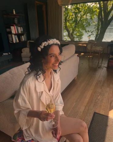 Bride in preparation with floral headband